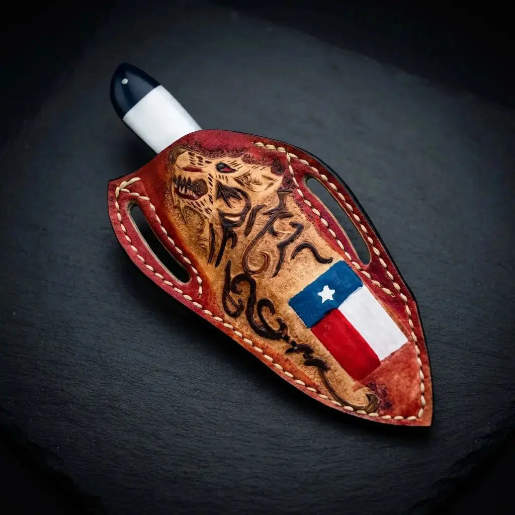 Patriotic Texas flag cowboy knife, 8 inch Damascus fixed blade with hand-stitched sheath