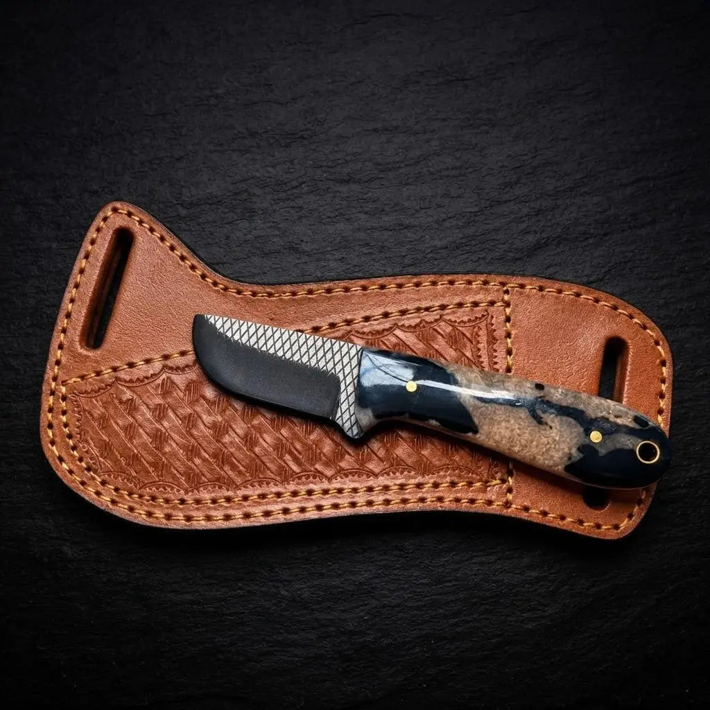 Thornvale skinner knife with cross-draw leather sheath