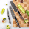 Titan 3-piece Damascus chef knife set with VG-10 core, titanium-coated blades and black resin handles