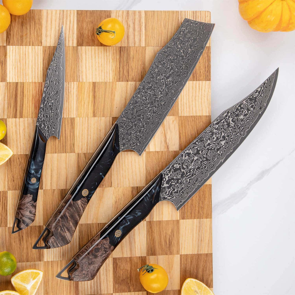 Titan Damascus knife set with full-tang black resin and wood handles