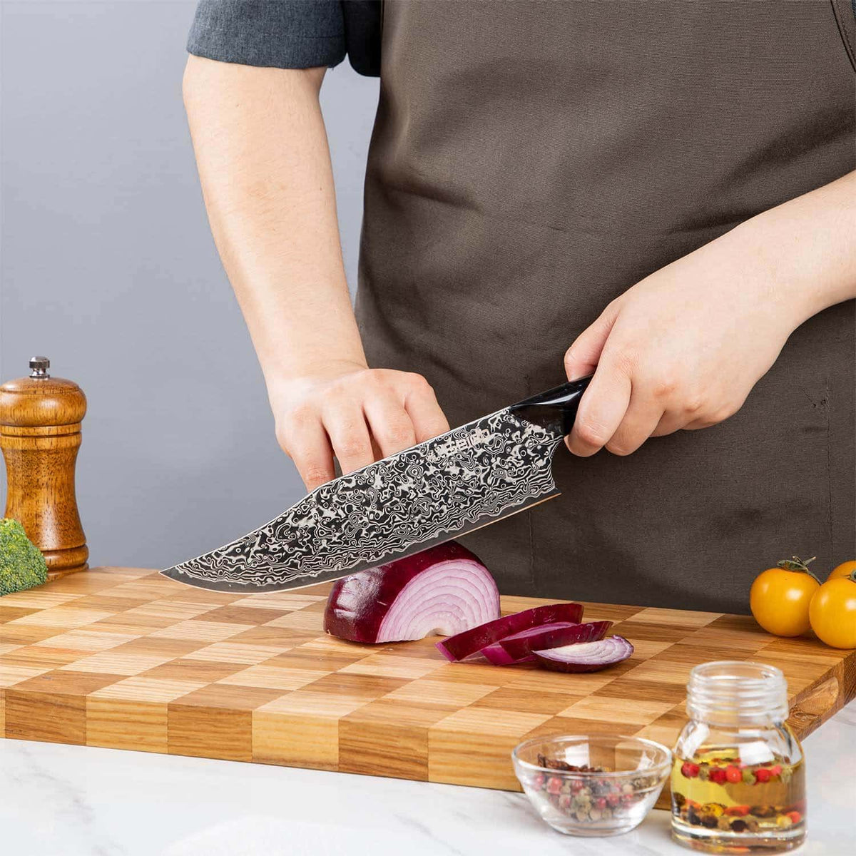 Titan 3-piece chef knife set with VG-10 core and black resin and wood handles