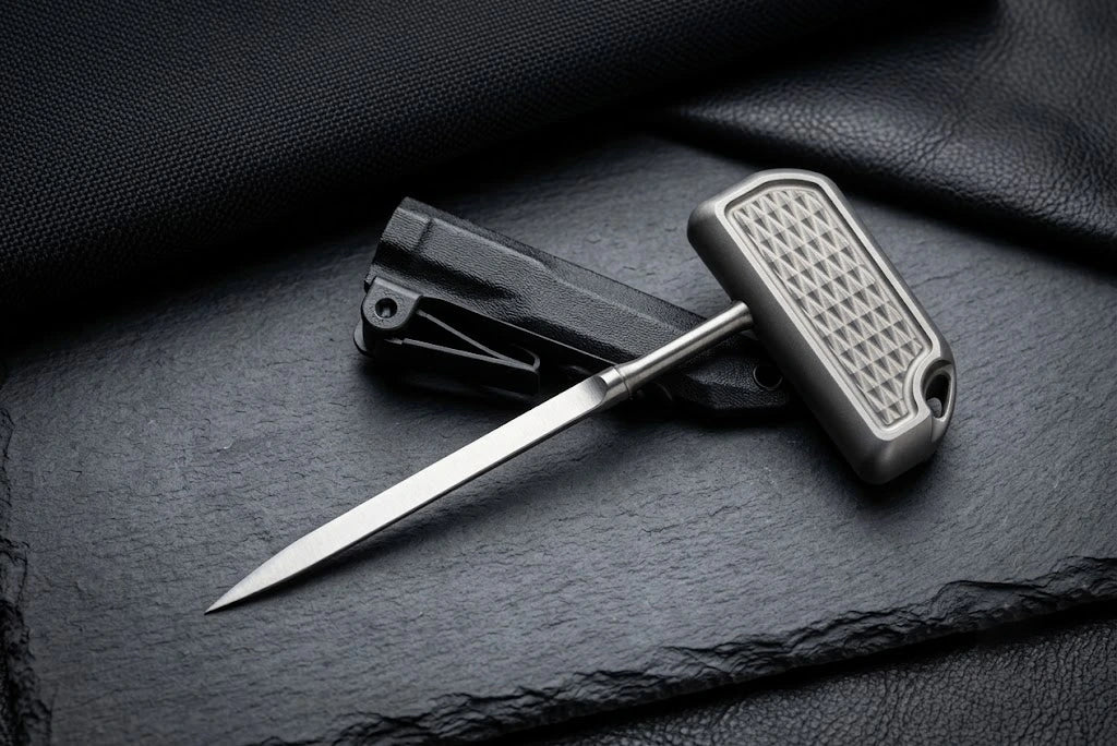Angled view of a CNC machined titanium EDC push tool with a diamond-textured handle and sharp pocket spike, resting on a black Kydex clip sheath over dark slate tile.