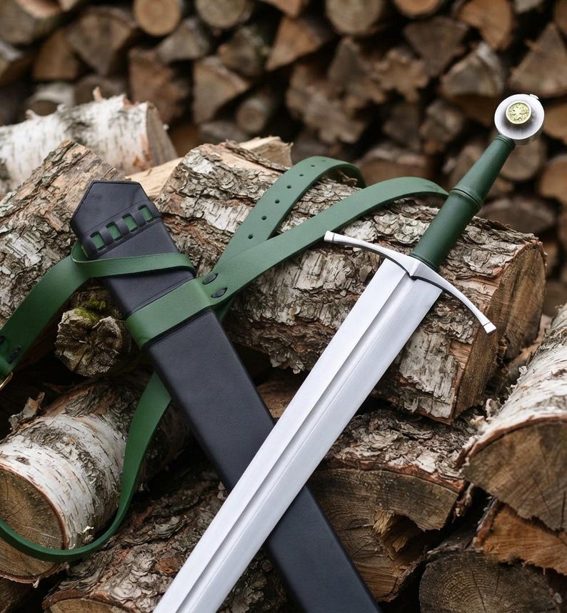 Type XIV medieval sword full view with leather scabbard