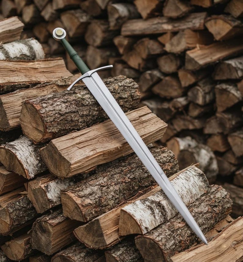 Type XIV sword resting in its leather scabbard