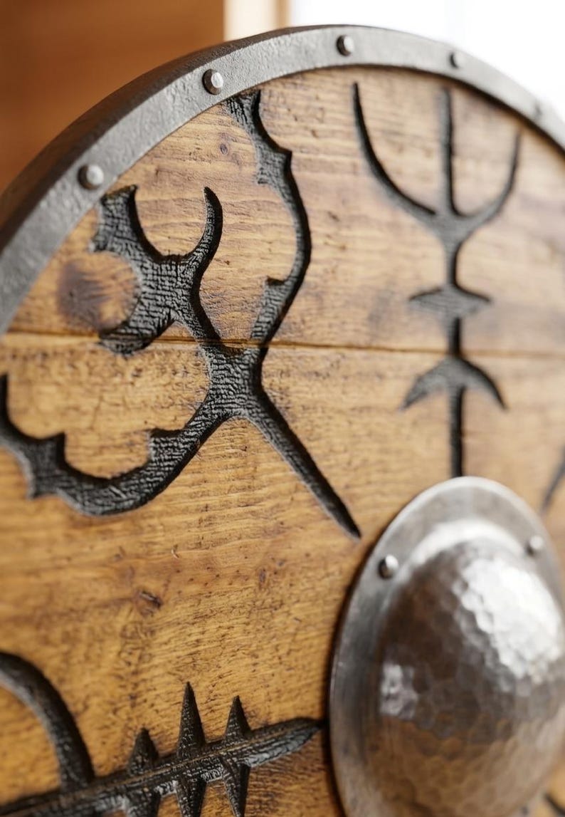 Vegvisir Viking Shield, Norse compass wall decor – solid wood and steel construction