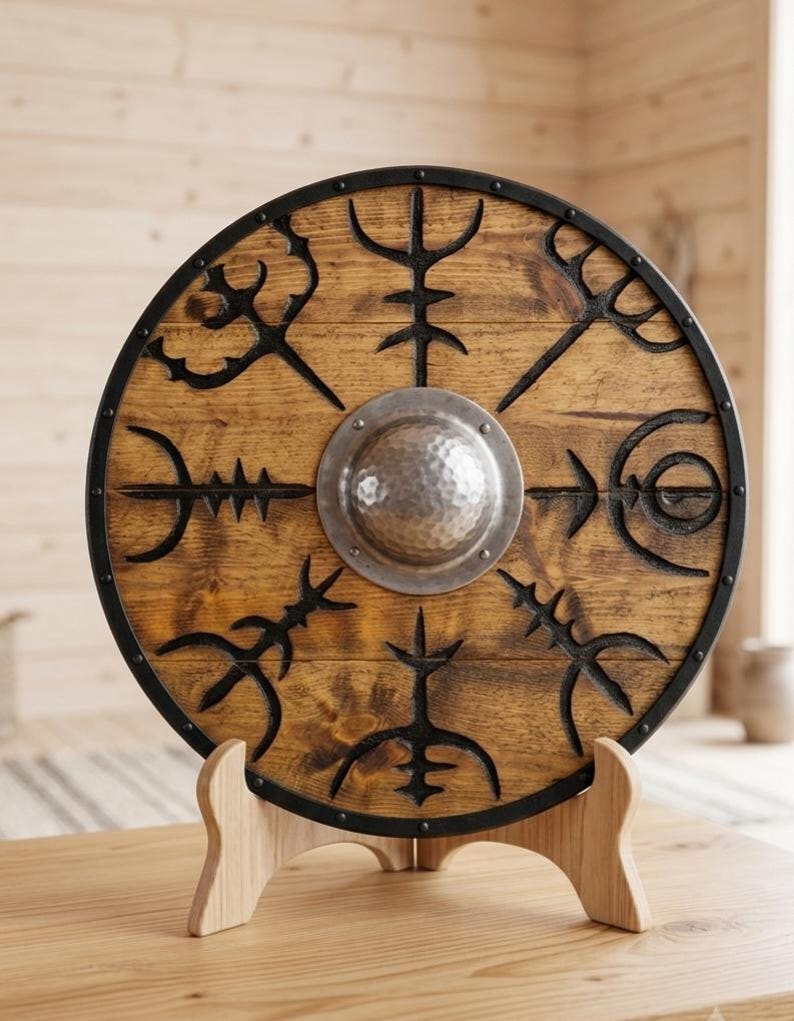 Vegvisir Viking Shield, Norse compass wall decor – solid wood and steel construction
