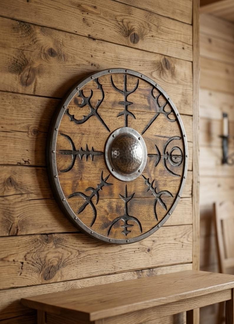Vegvisir Viking Shield, Norse compass wall decor – solid wood and steel construction