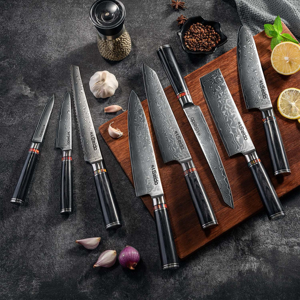 VG10 Damascus 8-piece Japanese knife set with Pakkawood mosaic handles