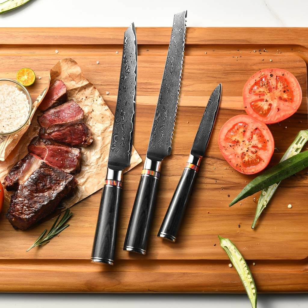 VG-10 steel kitchen knife set with 67-layer Damascus blade finish