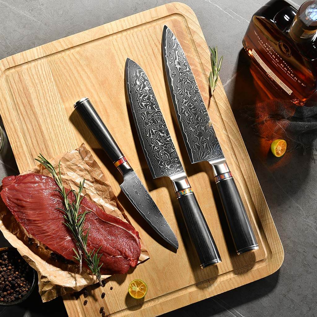 VG10 Damascus chef knife from 8-piece set with Pakkawood and G10 mosaic handle