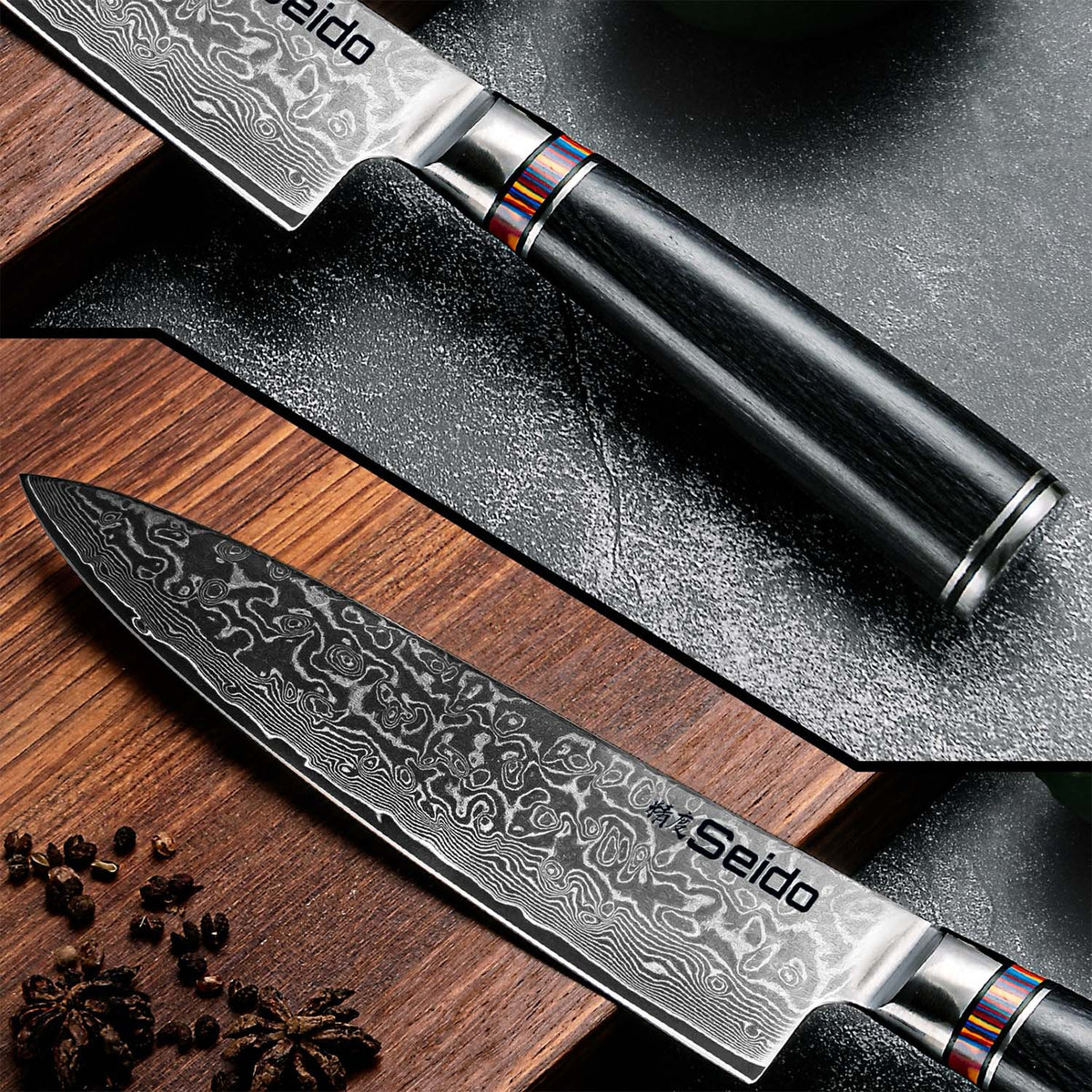 VG-10 Japanese knife set with 67-layer Damascus finish and mosaic handles