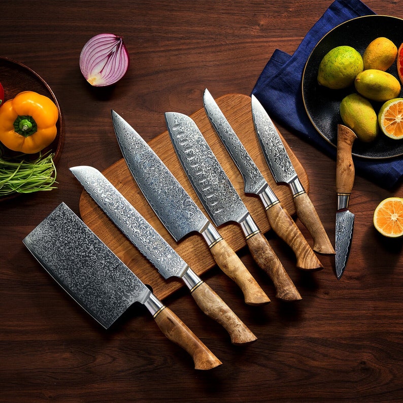 7-piece VG10 Damascus kitchen knife set with natural sycamore wood handles