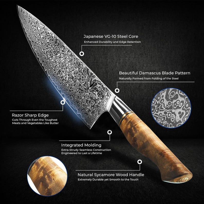 7-piece VG10 Damascus knife set, supplied with a custom-fit sheath for each knife