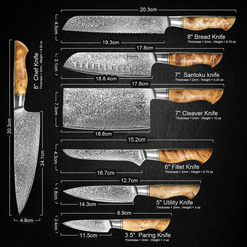 Damascus steel chef knife set with 15-degree double bevel edges and sycamore handles
