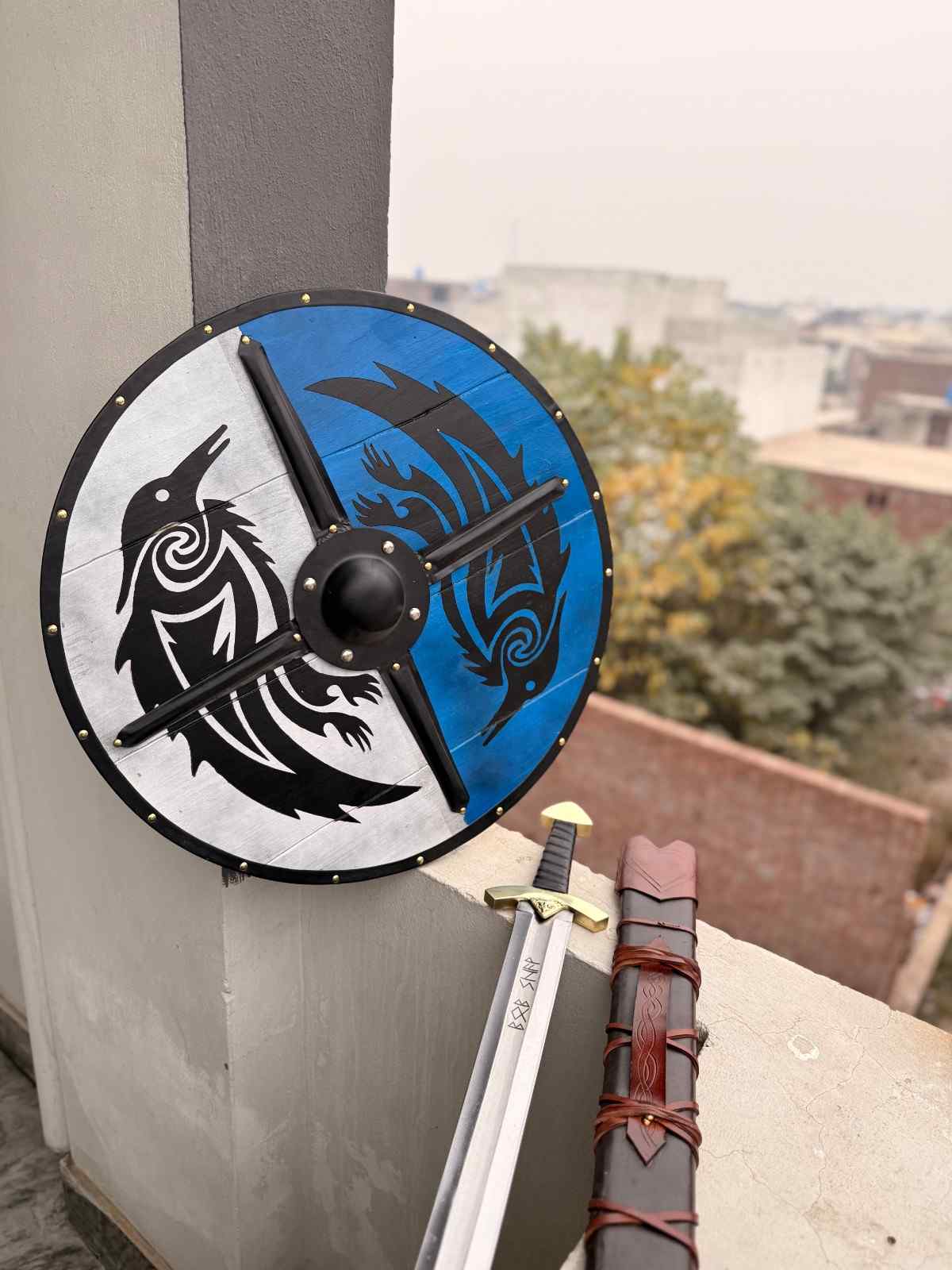 Viking Raven Shield and Sword Set – Norse Warrior Round Shield with Medieval Sword