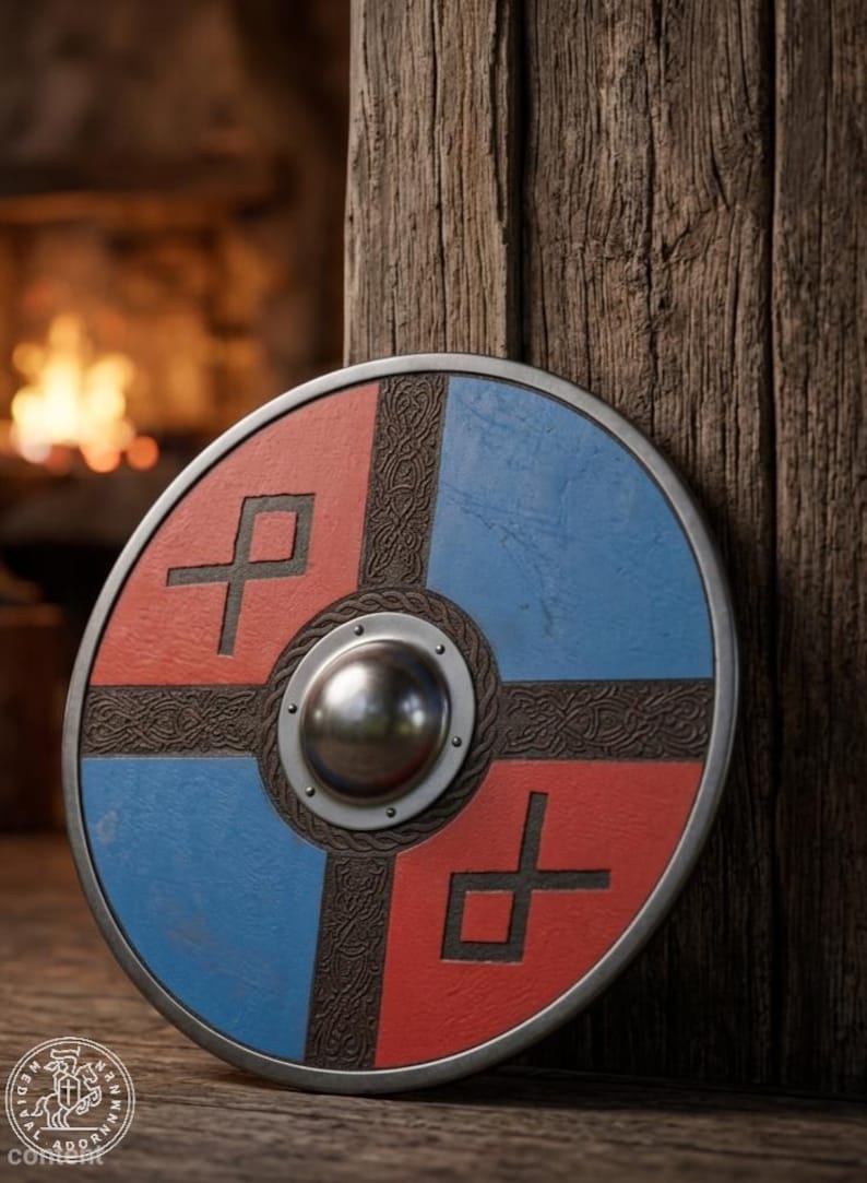Viking Round Shield, Nordic wooden wall art – carved Nordic-style detailing in red and blue