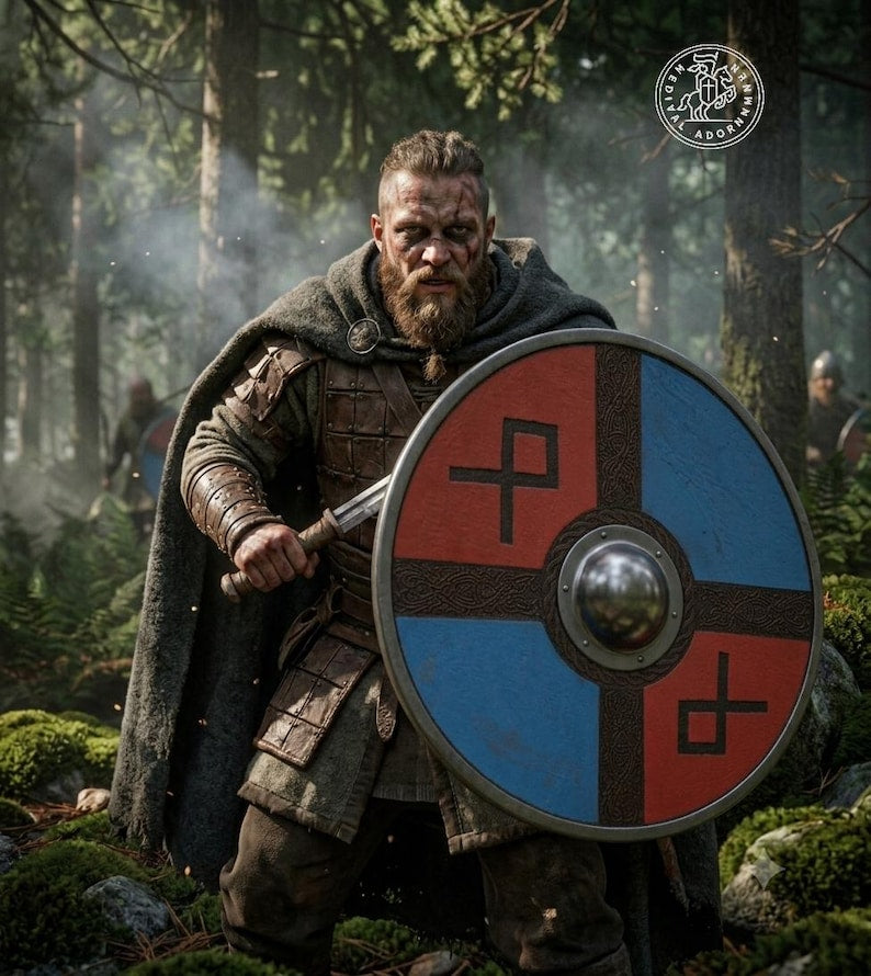 Viking Round Shield, Nordic wooden wall art – carved Nordic-style detailing in red and blue