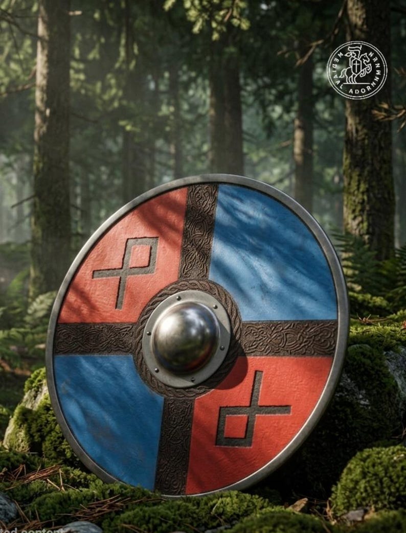 Viking Round Shield, Nordic wooden wall art – durable metal center boss