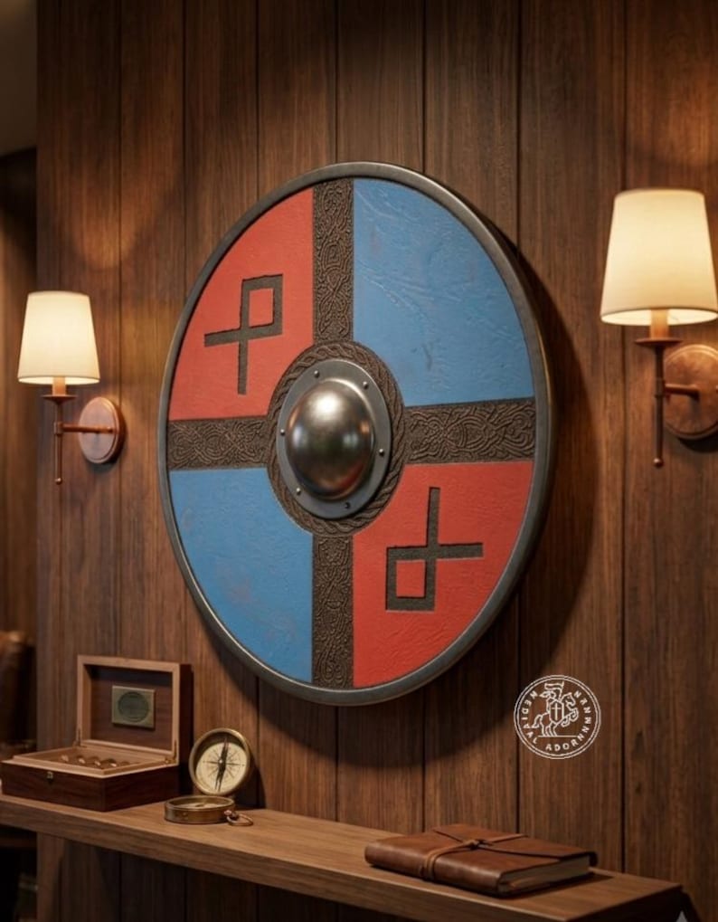 Viking Round Shield, Nordic wooden wall art – carved Nordic-style detailing in red and blue