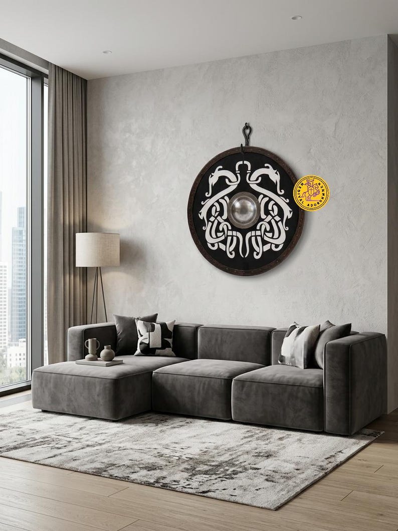 Viking Rune Wood Shield, Norse wall decor – hand-painted rugged battle-worn finish