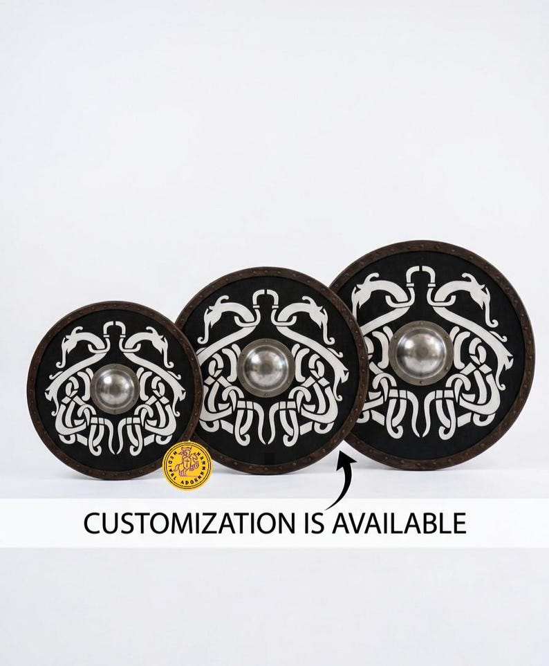 Viking Rune Wood Shield, Norse wall decor – sturdy metal boss and fittings