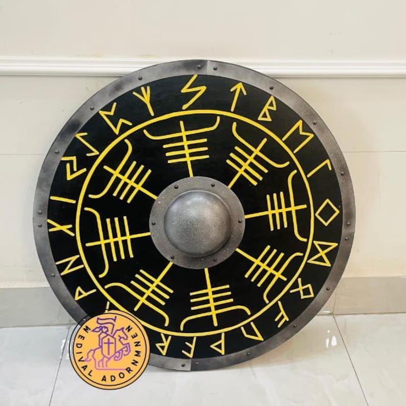 Viking Runes Vegvisir Shield, handmade wooden Norse round shield – Norse runes and Vegvisir compass design