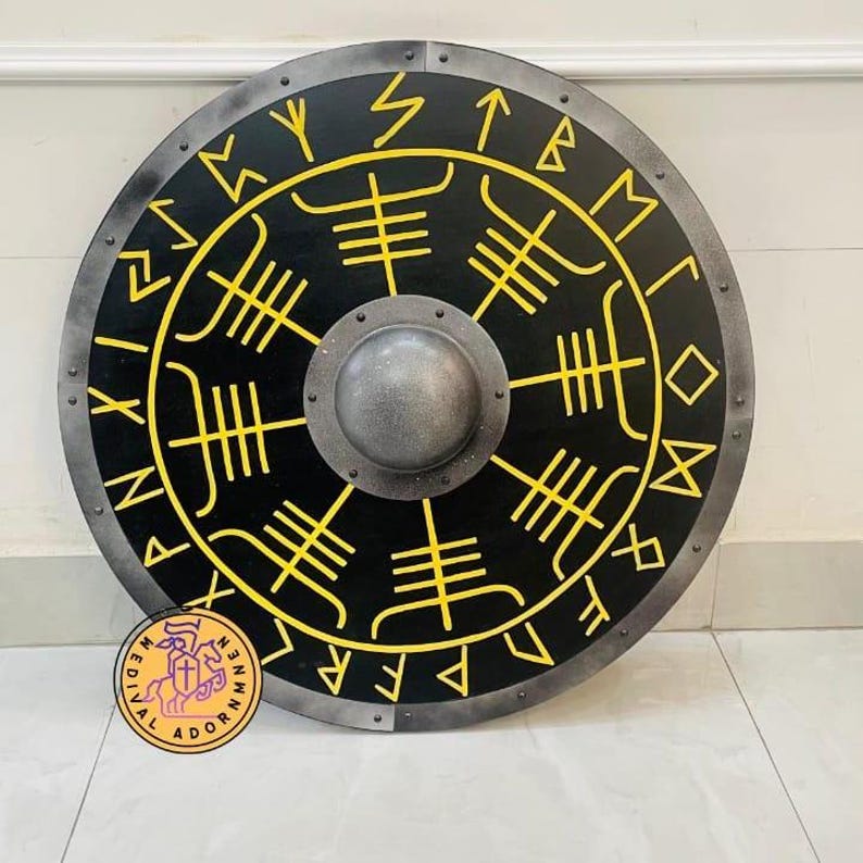 Viking Runes Vegvisir Shield, handmade wooden Norse round shield – Norse runes and Vegvisir compass design