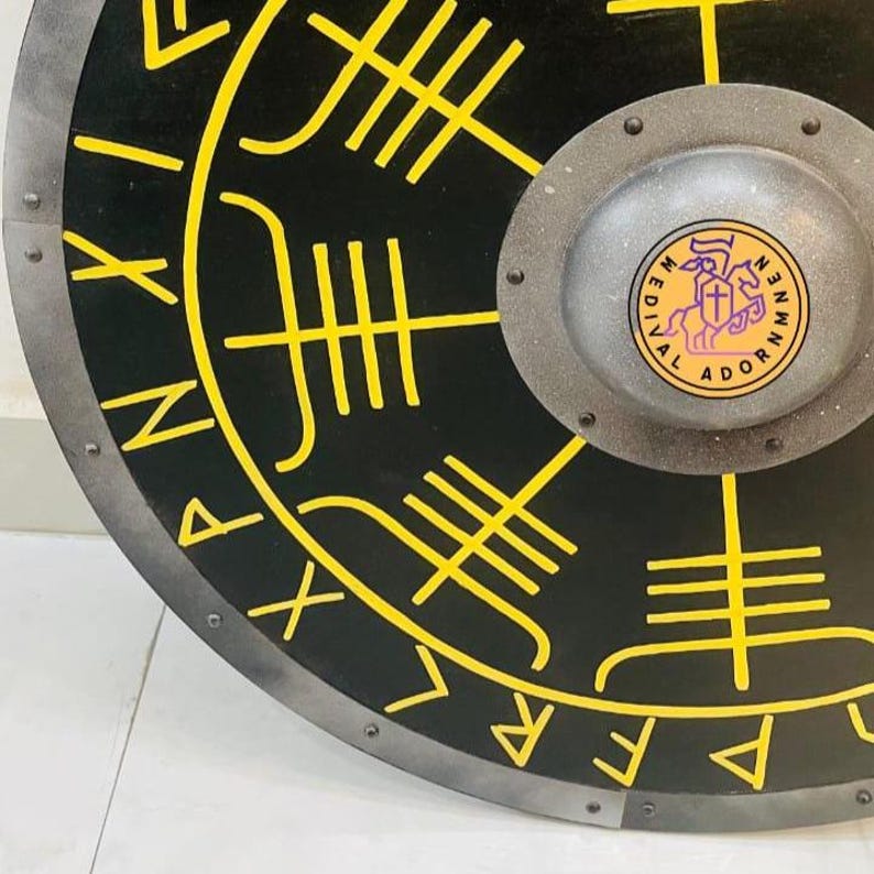 Viking Runes Vegvisir Shield, handmade wooden Norse round shield – hand-painted weathered battle-worn finish