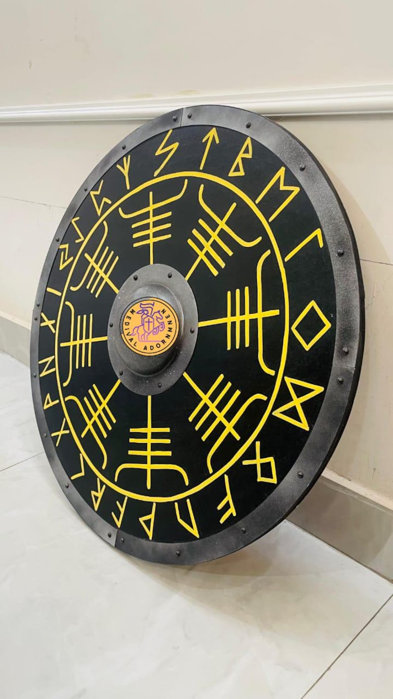 Viking Runes Vegvisir Shield, handmade wooden Norse round shield – solid wood with steel center and trim