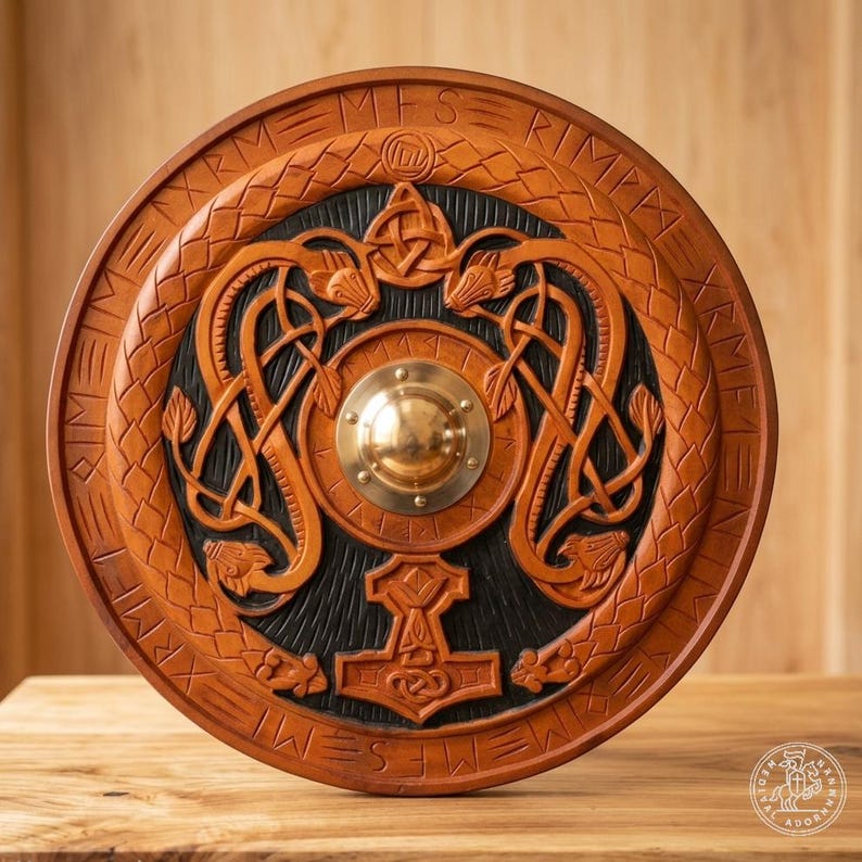 Viking Shield with Mjolnir and Runes, Norse wall decor