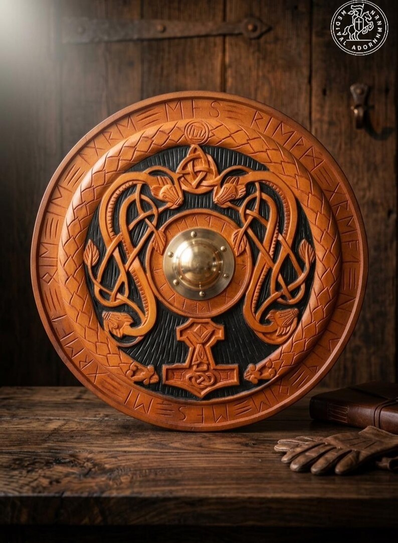 Viking Shield with Mjolnir and Runes, Norse wall decor – hand-carved Mjolnir and Norse rune design