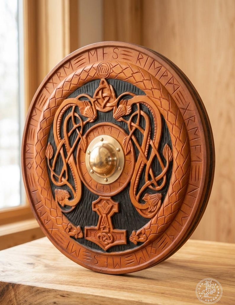 Viking Shield with Mjolnir and Runes, Norse wall decor – hand-painted weathered finish