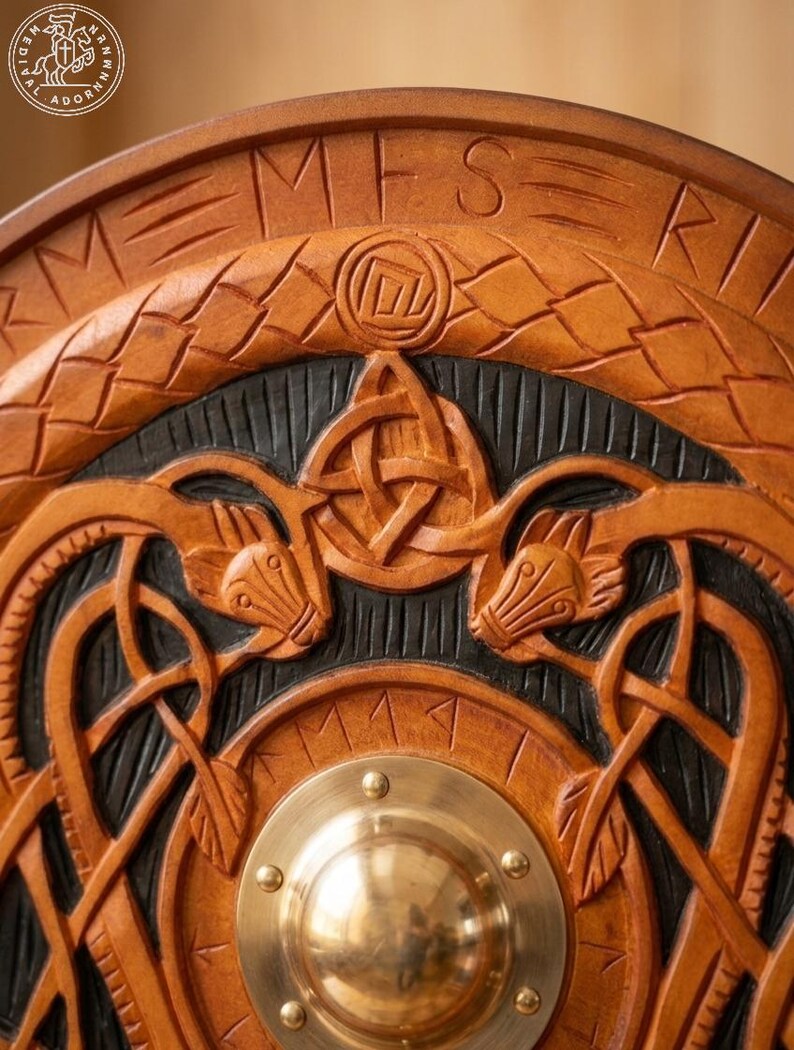 Viking Shield with Mjolnir and Runes, Norse wall decor – available in 24, 30, or 36 inch diameter