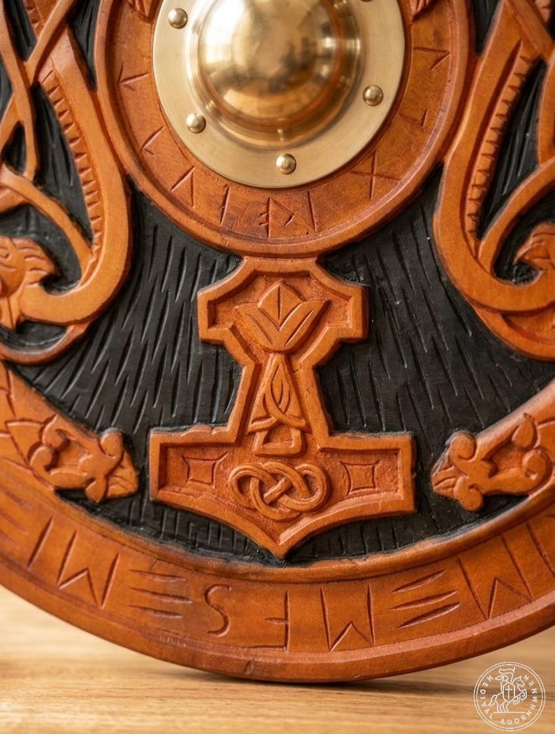 Viking Shield with Mjolnir and Runes, Norse wall decor – hand-carved Mjolnir and Norse rune design
