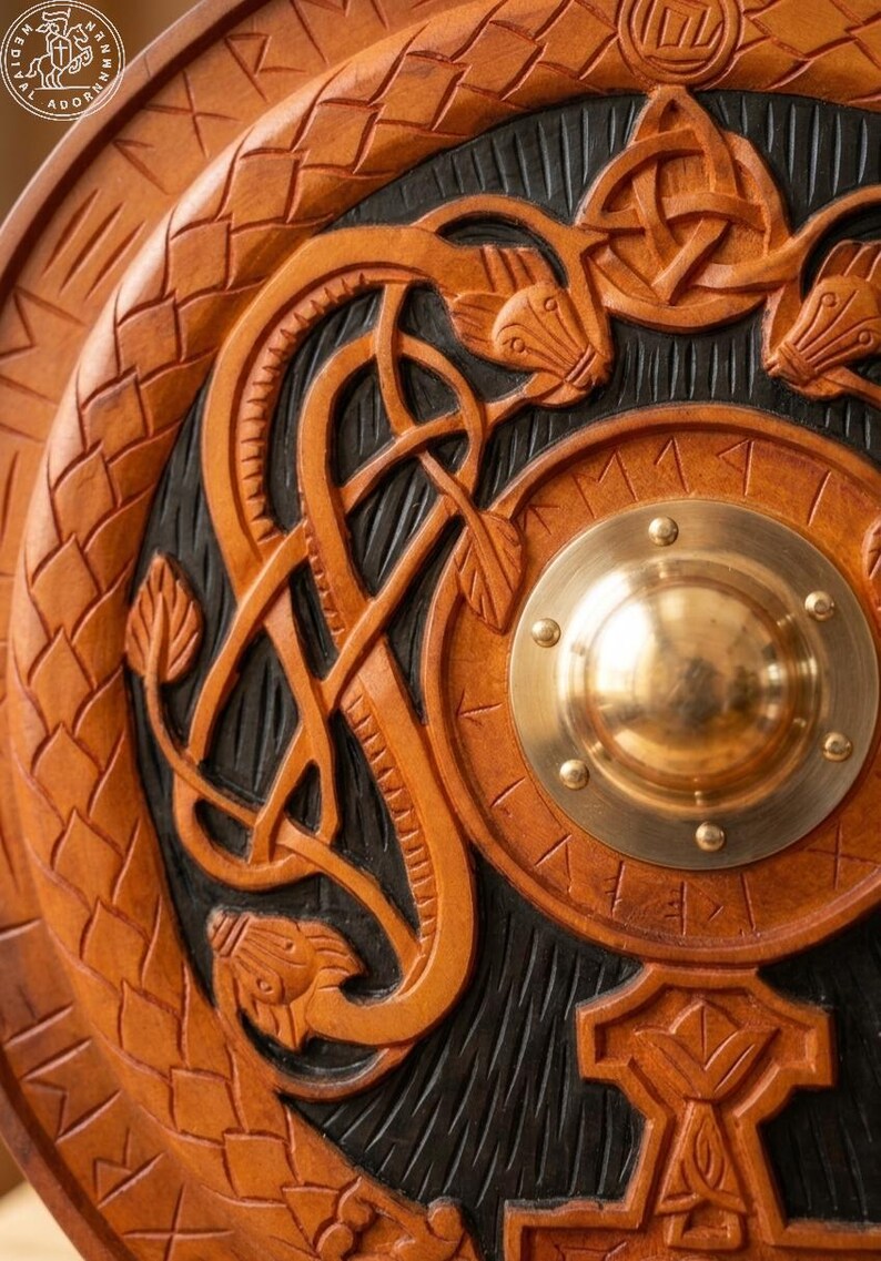 Viking Shield with Mjolnir and Runes, Norse wall decor – hand-painted weathered finish