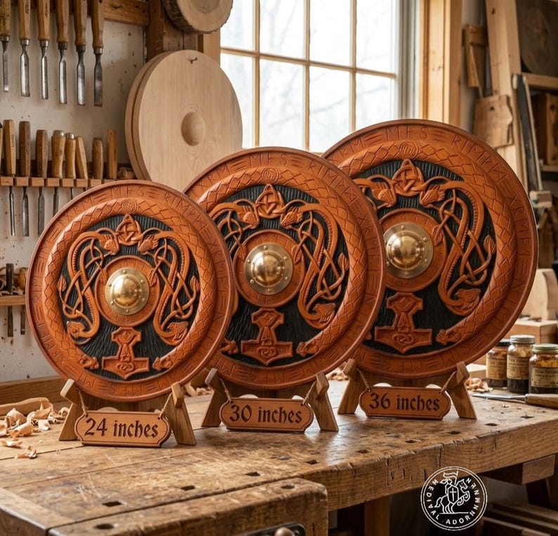 Viking Shield with Mjolnir and Runes, Norse wall decor – available in 24, 30, or 36 inch diameter
