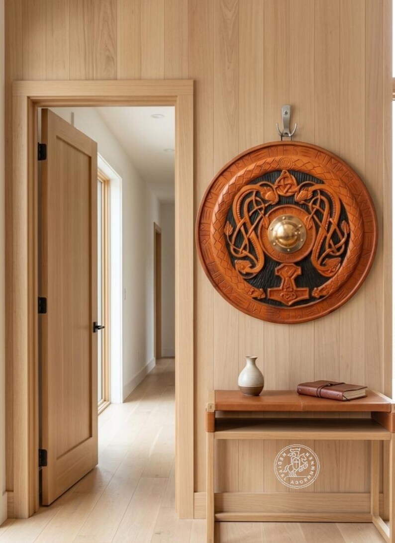 Viking Shield with Mjolnir and Runes, Norse wall decor – hand-carved Mjolnir and Norse rune design