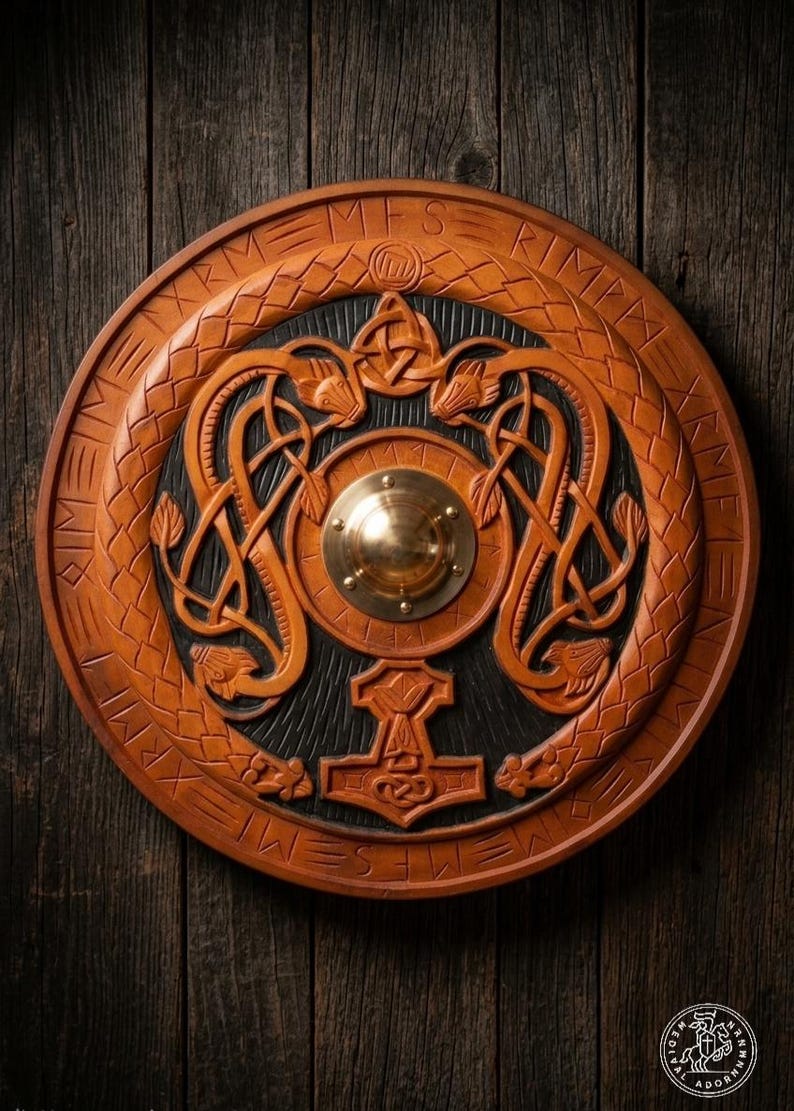 Viking Shield with Mjolnir and Runes, Norse wall decor – hand-painted weathered finish
