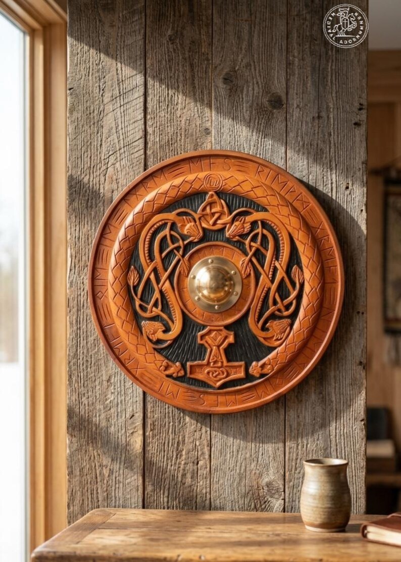 Viking Shield with Mjolnir and Runes, Norse wall decor – available in 24, 30, or 36 inch diameter