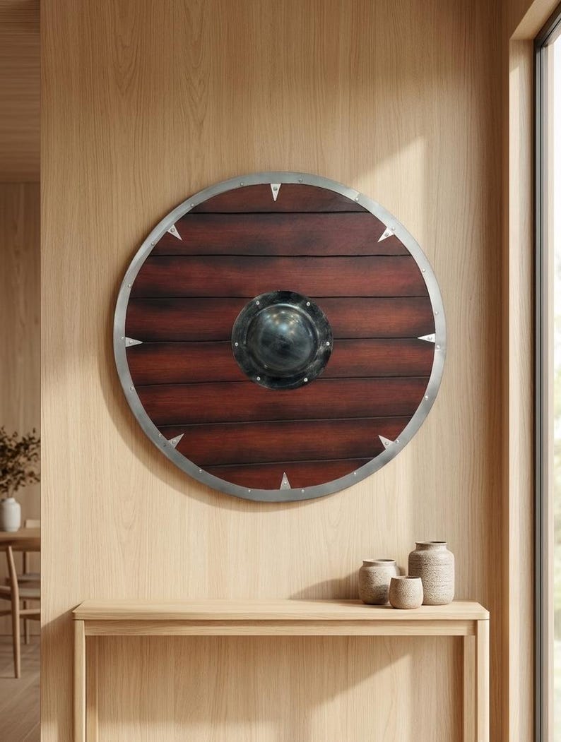 Viking Shield, wooden round Norse shield for cosplay and wall decor – classic wooden plank appearance with metallic-look rim