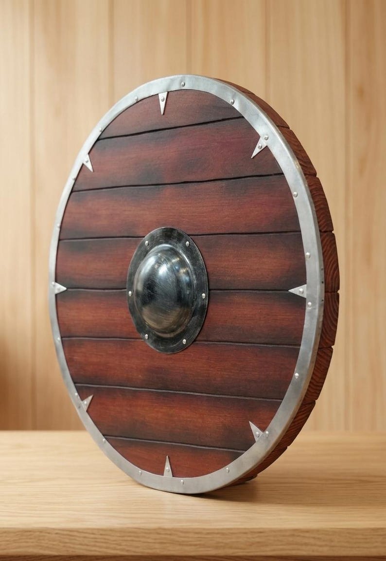 Viking Shield, wooden round Norse shield for cosplay and wall decor – decorative rivets and raised center boss