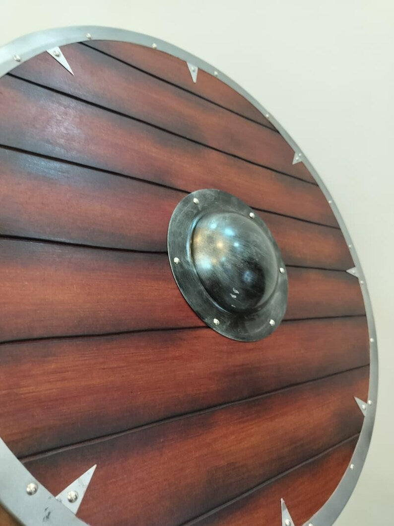 Viking Shield, wooden round Norse shield for cosplay and wall decor – decorative rivets and raised center boss