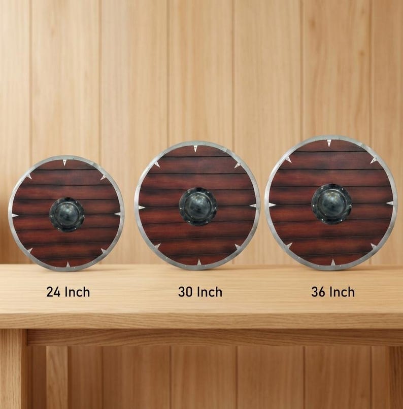 Viking Shield, wooden round Norse shield for cosplay and wall decor – classic wooden plank appearance with metallic-look rim