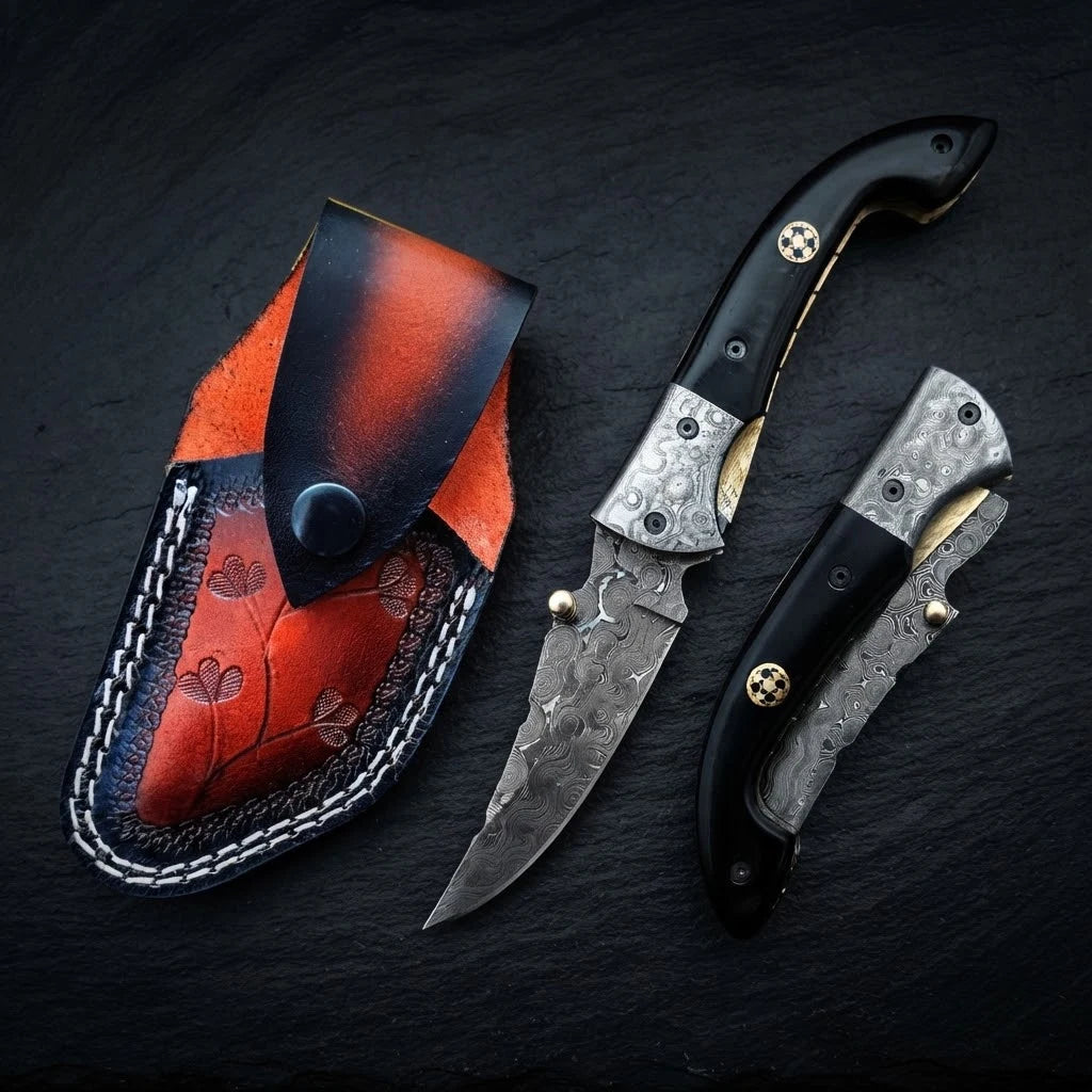 Walnut wood drop point folding knife with mosaic pin and Damascus bolster – photo 1
