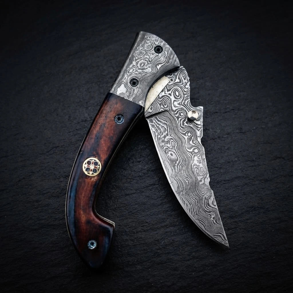 Walnut wood drop point folding knife with mosaic pin and Damascus bolster – photo 2