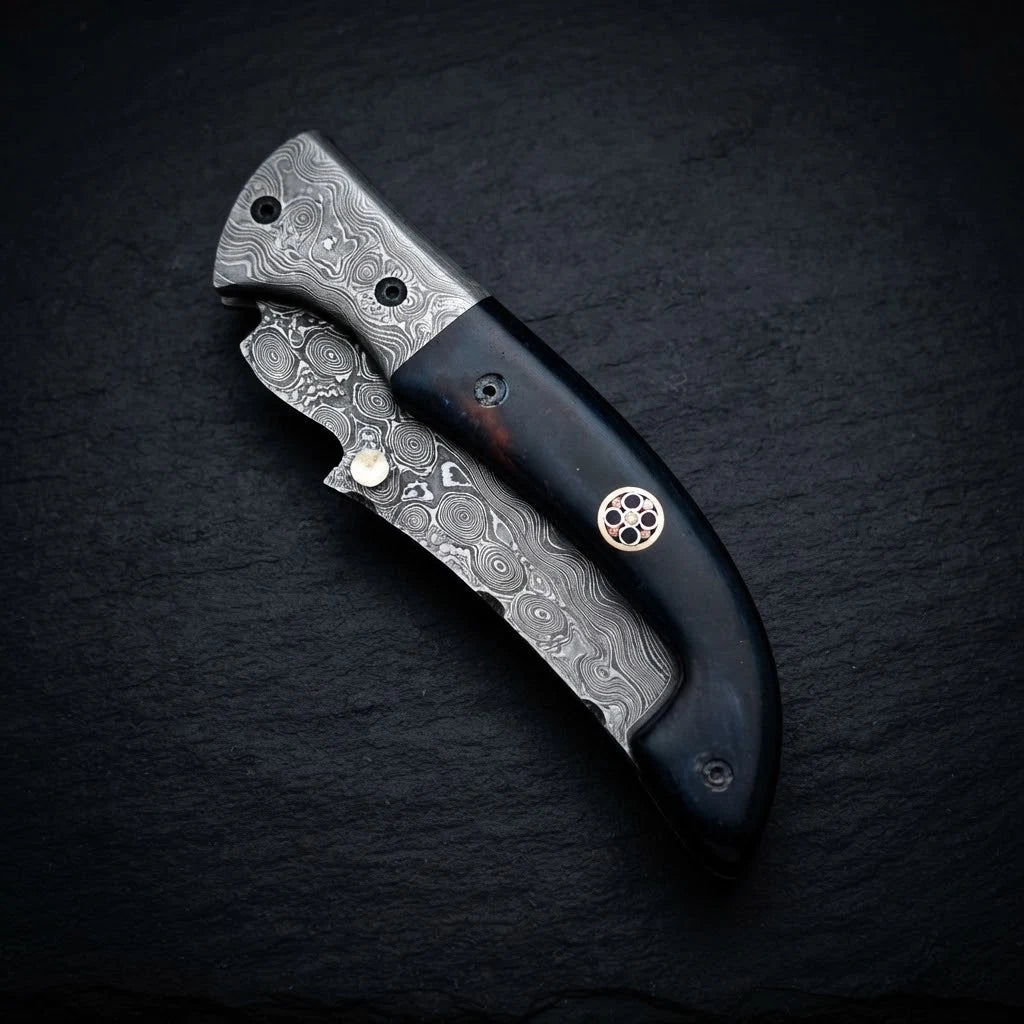 Walnut wood drop point folding knife with mosaic pin and Damascus bolster – photo 3