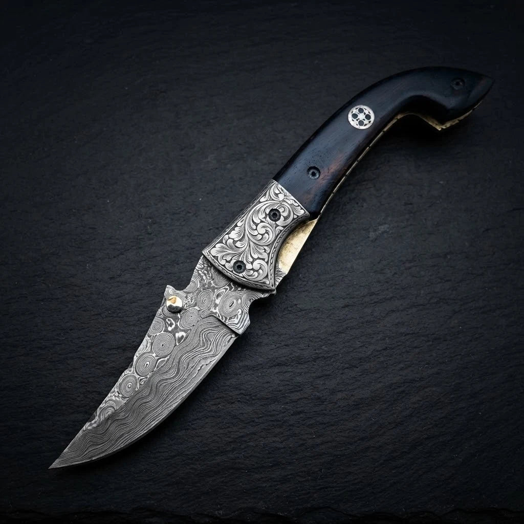 Walnut wood drop point folding knife with mosaic pin and Damascus bolster – photo 4