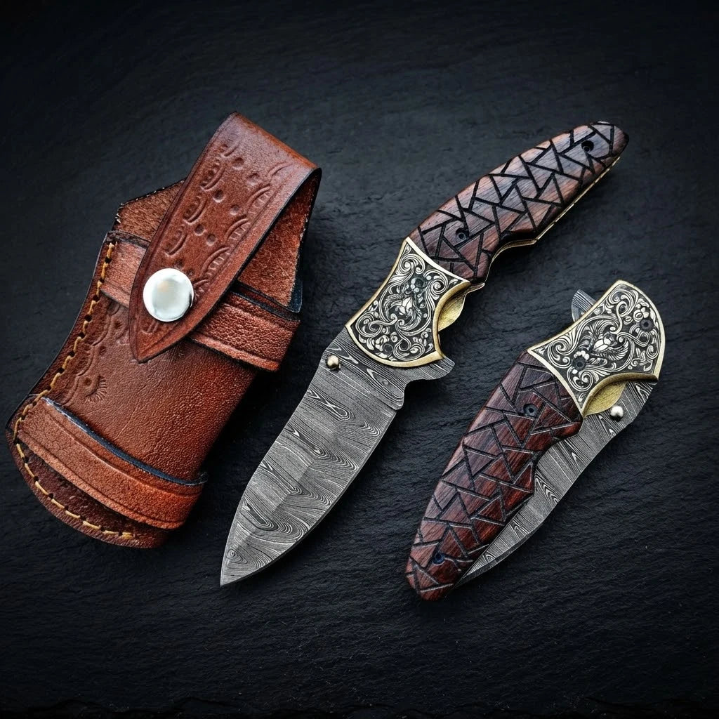Walnut wood folding knife with engraved brass bolster and Damascus blade – with leather sheath