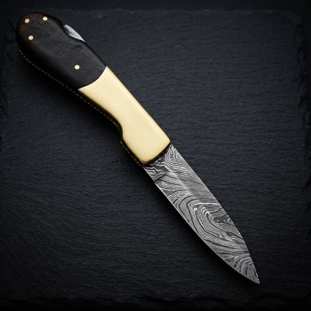 Damascus folding pocket knife with genuine leather sheath