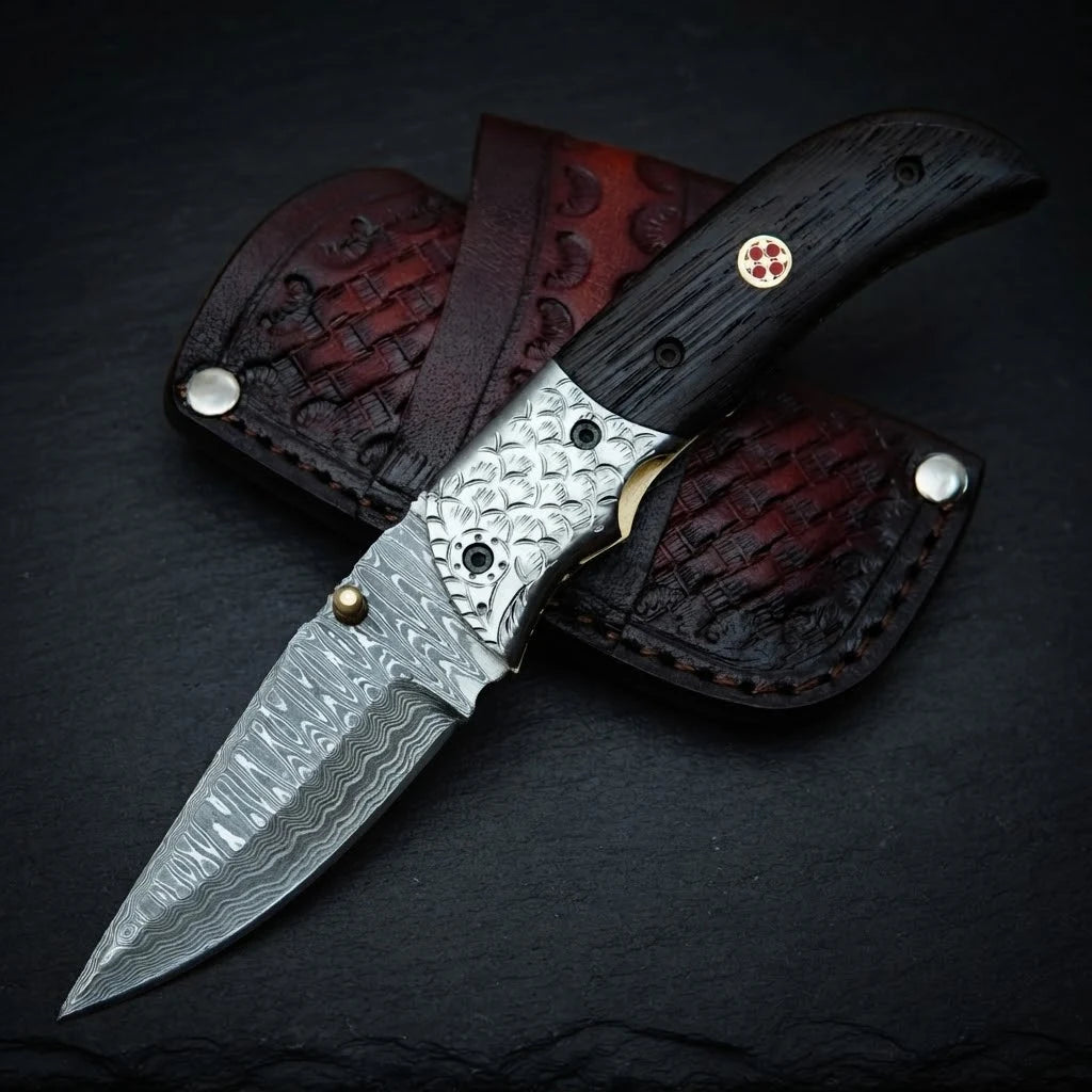 Hand forged Damascus folding knife with wenge wood handle